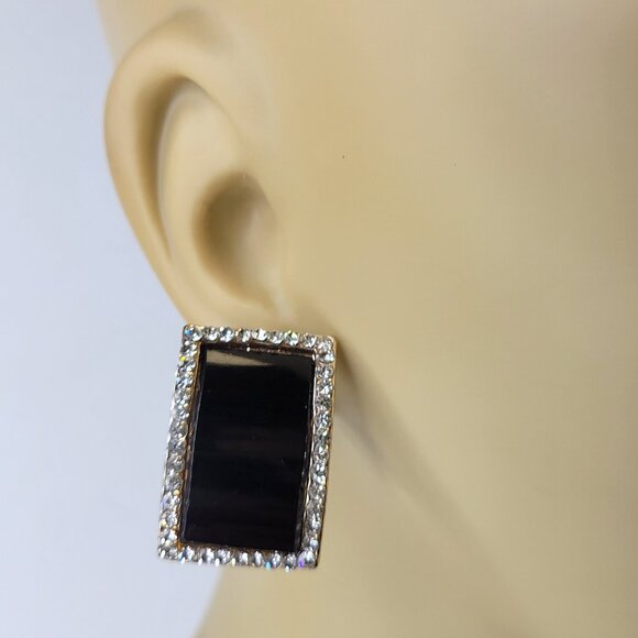 Black and Silver Crystal Rectangular Earrings - Picture 2 of 11